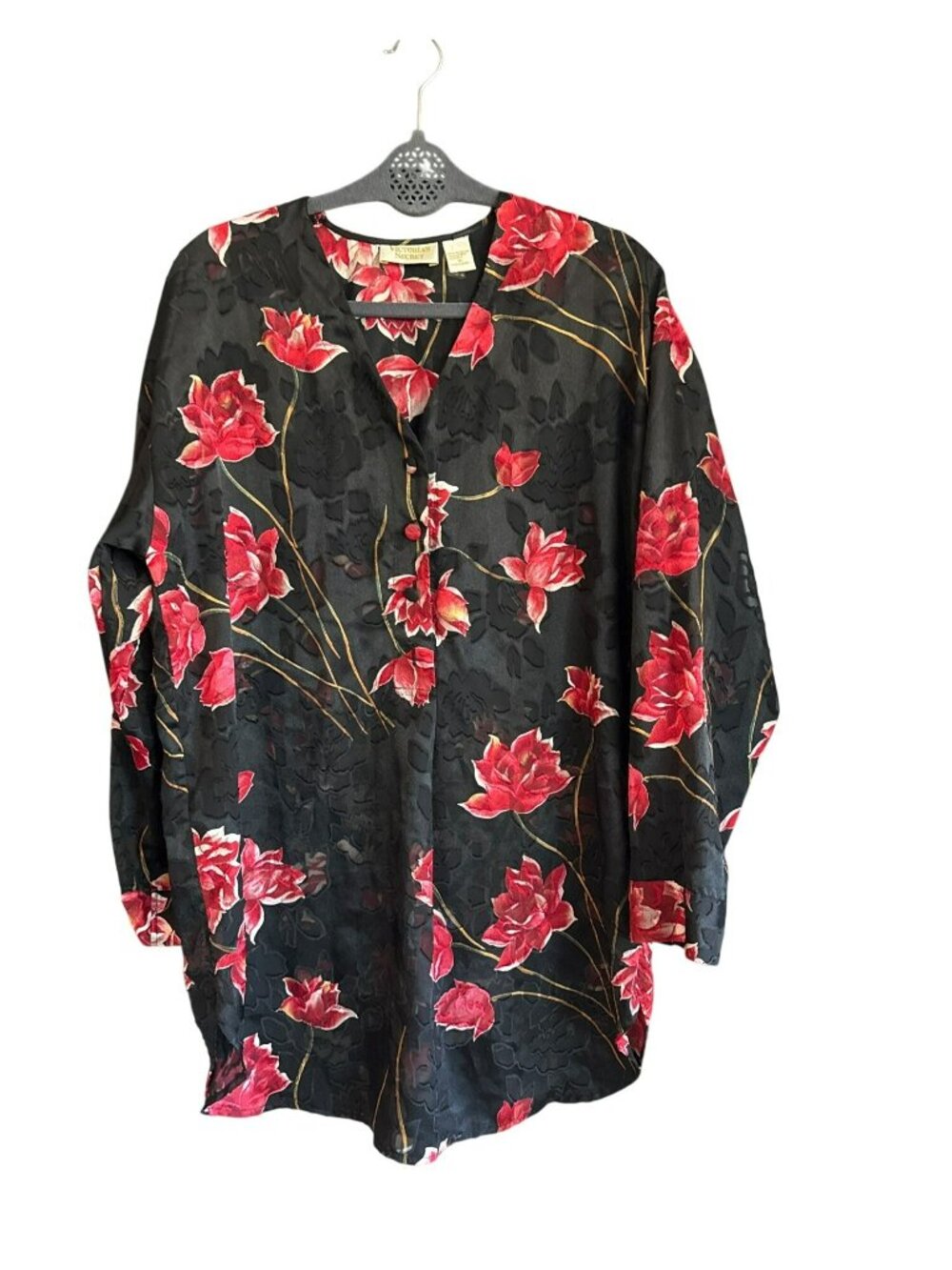 Vintage Victoria's Secret Gold Label 90s Black Floral Burnout Chemise Gown Med